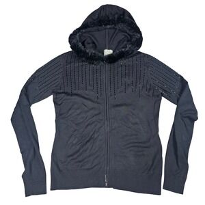 Cache Y2K Cardigan Sweater Zip Up Beaded Fur Trim Hooded Silk Blend Black ‎ M